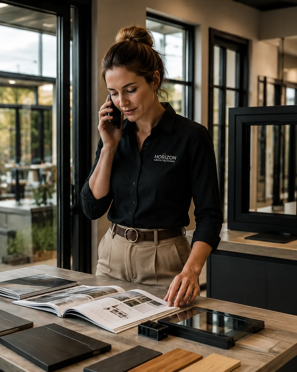 Showroom staff member taking a customer phone enquiry beside window and door samples