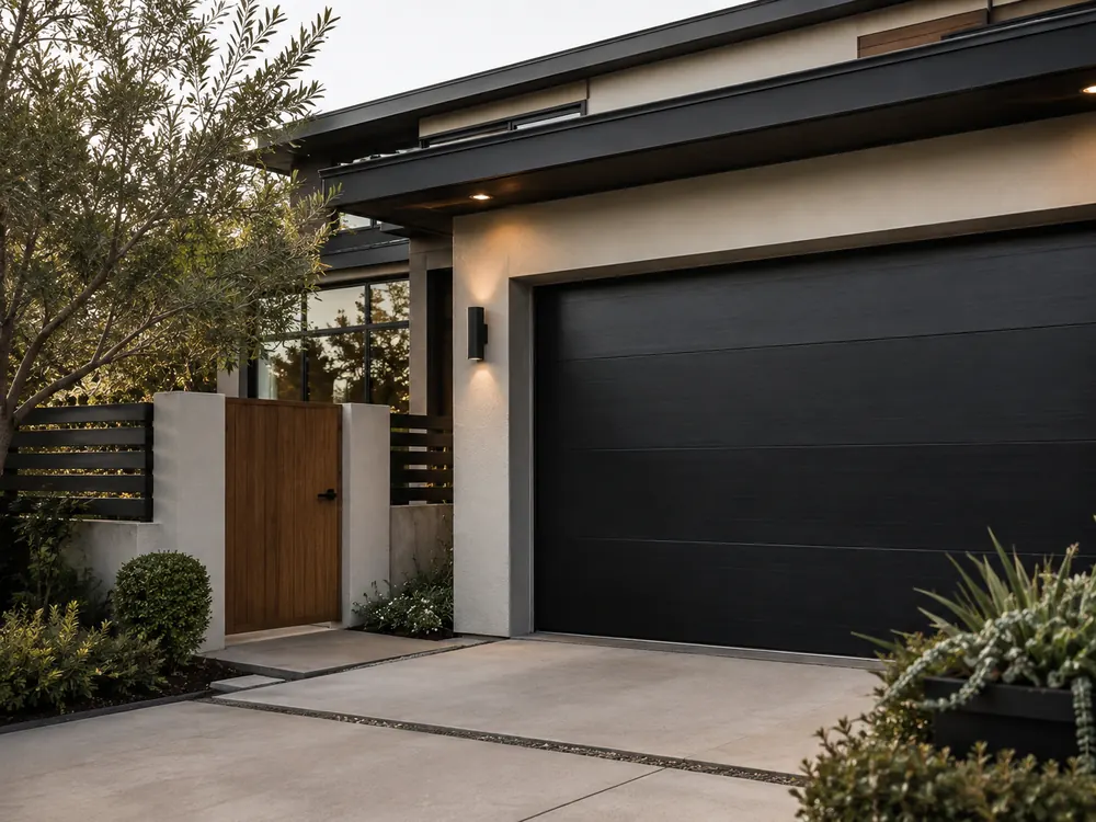 Modern home exterior with a black sectional garage door, timber gate and slat fencing